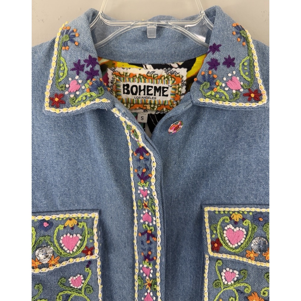 BOHEME Los Angeles Denim Coat Jacket Women's Small Embroidered Tie Belt Jeweled